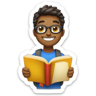 joven estudiante con todos sus libro muy feliz y sonriente con un libro en sus manos y sobre su cabeza sticker