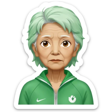 Hong is an old woman, around 60 years old, green tracksuit.  Her white tie hair, is unkempt and damp with sweat. sticker
