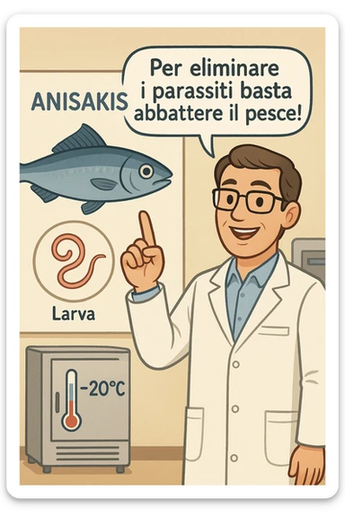  a scientist in a white lab coat stands beside a large poster showing a fish and a diagram of the Anisakis parasite. The scientist points to a speech bubble that says, “Per eliminare i parassiti basta abbattere il pesce!” In the background, a blast freezer is visible, with a temperature gauge set to -20°C. The mood is informative and reassuring. In italiano sticker