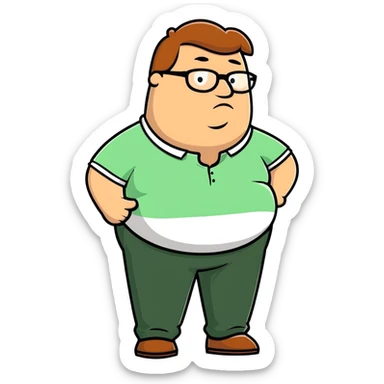 Peter Griffin from Family Guy with a pregnant belly, wearing green pants, white shirt, and glasses sticker