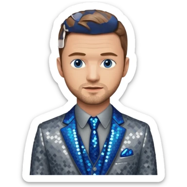Justin Timberlake with light brown hair, blue eyes, sequin grey suit jacket sticker