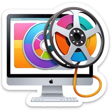 Create a vibrant and modern icon representing Animation and Motion Design, featuring elements like a film reel, a computer screen, and dynamic motion lines. The design should be visually engaging, colorful, and dynamic, without any emojis. The background must be transparent. sticker