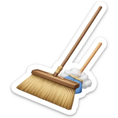 traditional broom with wooden handle on a dusty carpet, straw bristles sweeping visible dust clouds, old-fashioned cleaning tool, vintage household style, 3D cartoon, mobile game icon style, centered composition, no people, no animals, no text, no watermark sticker