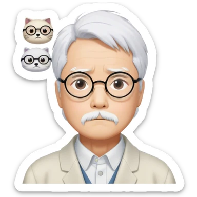 ​Cinematic Realistic Portrait of Hayao Miyazaki, depicted with striking white hair, defined black eyebrows, and large rectangular glasses, his thoughtful expression rendered in lifelike detail against a background of whimsical Studio Ghibli-inspired sketches, illuminated with soft, realistic lighting that emphasizes his creative genius, sticker