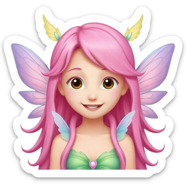 A tiny pastel fairy with pink long hair with glowing wings and a sweet smile  sticker