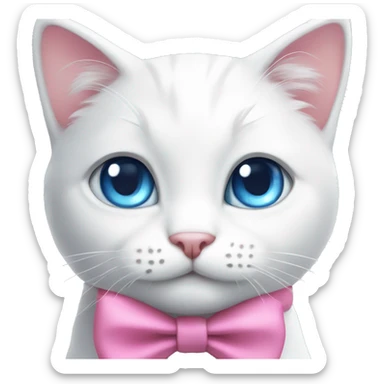 white cat with pink bow on neck with blue eyes sits sticker
