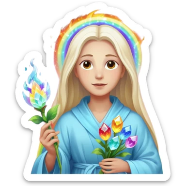 a being made of light pleidian nordic long faces but beautiful features of light with a robe on made of light and who is lanky holding a bouquet of crystal flowers on rainbow fire sticker