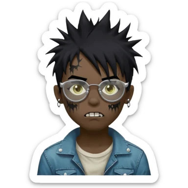 Boy, zombie, black hair, medium long, spiky hair, emo, shaggy, dark, spooky, creepy expression emoji, add transparent glasses, a risk on the eyebrow, some tattos sticker