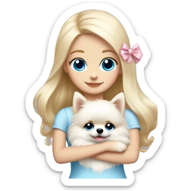 Blond girl white skin blue eyes hugging white Pomeranian with light pink bow sticker