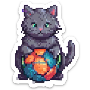A pixel art cat, playing with a ball of yarn, simple and cute. sticker