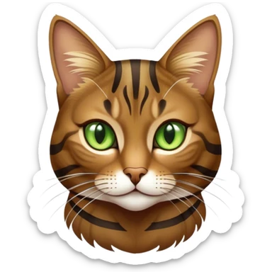 Cinematic Noble Brown Tabby Cat Portrait Emoji, Poised and regal, with sleek, well-groomed fur in warm brown tones accented by bold dark tabby stripes, striking almond-shaped golden-green eyes, Simplified yet sharp and sophisticated features, highly detailed, glowing with a soft, dignified glow, high shine, intelligent and graceful, stylized with an air of elegance, focused and attentive, soft glowing outline, capturing the essence of a watchful and refined feline, so majestic it feels as though it could glide across the screen with effortless confidence! sticker