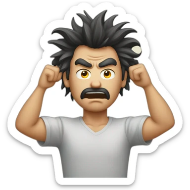 An angry man that His hands are between his hairs and want to pull his hairs strongly sticker