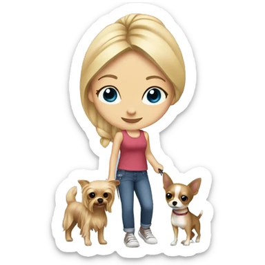 blonde girl blue eyes walking yorkie and chihuahua   sticker
