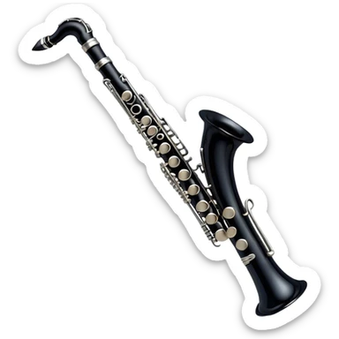 Cinematic Realistic Clarinet, deep black body with gleaming silver keys, rich warm lighting catching every intricate detail, slightly worn mouthpiece adding authenticity, glowing with a timeless and sophisticated presence. sticker