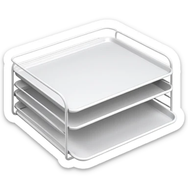 A minimal, clean emoji-style illustration of a white metal desk paper organizer tray, shown in slight isometric view so its structure is readable at a small scale. The organizer is rectangular with rounded corners, made of thin white metal wires, forming two to three stacked horizontal slots.
 sticker