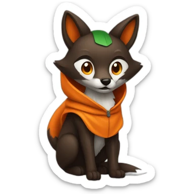 a small dark brown fox with orange eyes with a dark green hood that smile sticker