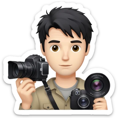 a white man with black messy hair holding a foto camera sticker
