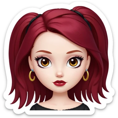 pretty bratz girl, tall, pale skin, dark red hair,  long hair, brown eyes, black eyeliner sticker