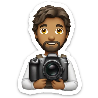 brown guy with mullet and beard holding a photo camera sticker