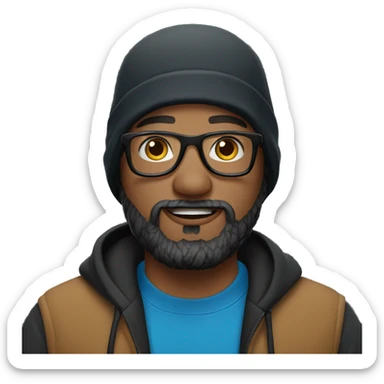 man with a beard in a blue hoodie wearing a black carhartt beanie and clear glasses sticker