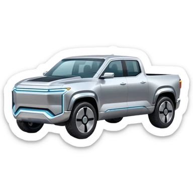 A futuristic electric pickup truck emoji, silver chrome body, angular cyber design, smooth metallic panels, subtle reflections, minimalistic proportions, iOS emoji style, centered composition, clean white background, soft lighting sticker