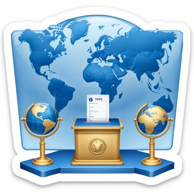 An icon featuring a podium with a speaker, a ballot box with a voting slip, and a globe, symbolizing political science. The design includes scales of justice and a world map in the background, representing governance and global politics. Transparent background highlights political analysis. sticker