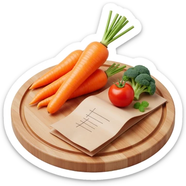 carrot tomato brocoli on the wooden cutting board with floating rolled paper list sticker