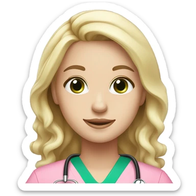 pale blonde girl with long wavy hair and green eyes wearing pink scrubs and stethoscope  sticker