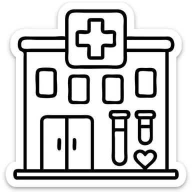 Modern clinic building facade with a red cross medical symbol, test tubes and a small heart icon, clean minimalist medical facility exterior sticker