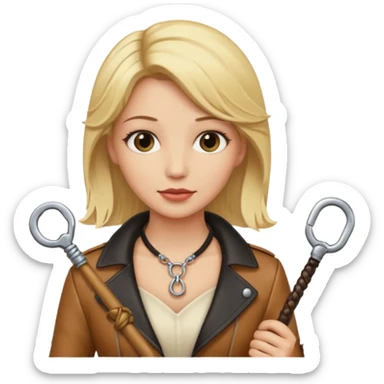 Dominatrix with blonde hair, key necklace, and a whip sticker