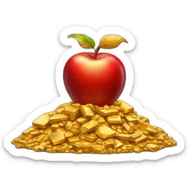 smiling red apple standing on a pile of gold sticker