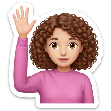 girl with curly brown hair and pink jumper, waving sticker