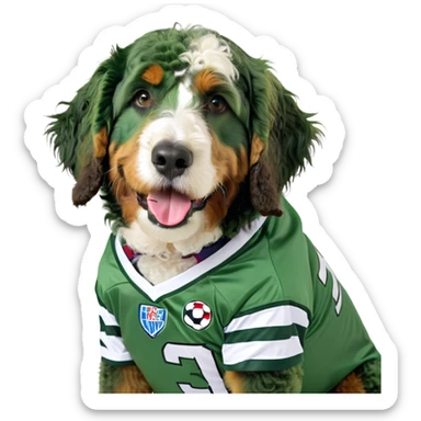 Bernedoodle wearing a football jersey sticker