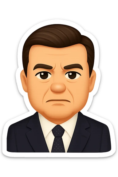 Create an iPhone emoji style portrait of a person closely resembling the face in the reference photo. The person is wearing a formal suit and has a serious expression. The background should be removed (no background). sticker
