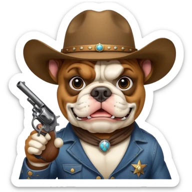 A bulldog wearing a cowboy hat, wearing a mask, pointing a revolver at you and telling you to hand over your money. sticker