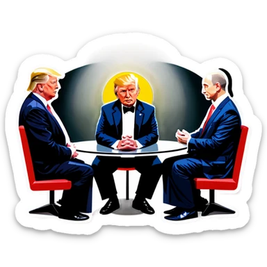 Jesus, Buddha, Musk, Bezos, and Trump in a meeting sticker