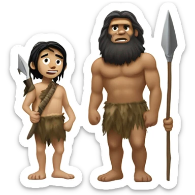 caveman neandrathal with spear standing next to tan boy with long black hair and camoflouge shirt on sticker