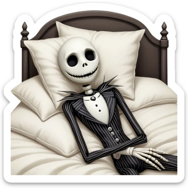 Cinematic 3D ultra realistic 32K HD image of Jack skellington sleeping in bed, stunning detail as though captured in a timeless photograph, rich textures, visually rich, so lifelike that it feels like it could leap off the page at any moment sticker