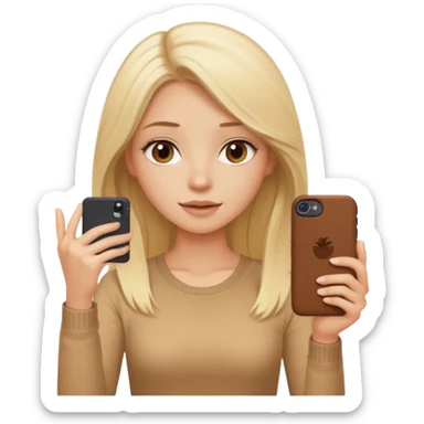  beautiful pale blonde girl with long hair taking selfie on brown case iPhone in beige top sticker
