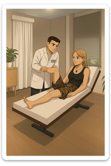 fai un webtoon/manga a colori con questo kinesiologo in camice bianco (fagli la scritta "ANTONIO ANANIA" SUL CAMICE) CHE SVOLGE UN TEST NEUROMUSCOLARE SOLLEVANDO UNA GAMBA ALLA RAGAZZA CHE è STESA SU UN LETTINO BIANCO. STANZA SEMPLICE E MODERNA, DURANTE IL TEST I DUE DIALOGANO TRA LORO. NON FARE I FUMETTI, FAI SOLO LORO COME SE DIALOGASSERO sticker