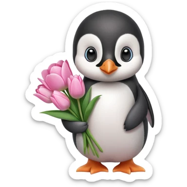 Cute baby penguin holding flower bouquet wraped in white paper and all flowers tulips in pink colour sticker