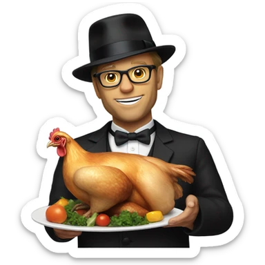 Alton brown hokding roasted chicken with black bowler hat sticker