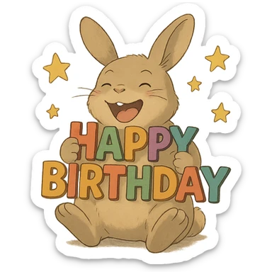 laughing bunny hugging 'Happy Birthday' letters with stars, full body, soft Ghibli style sticker