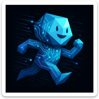 geometric abstract mascot with subtle facial features, integrated neon circuit patterns and digital accents, dynamic motion lines and glowing effects, tech-inspired palette of blues, cyans, purples on black, modern professional creative tech portfolio sticker
