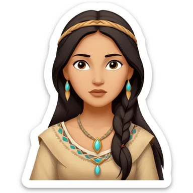 Cinematic Serene Pocahontas Portrait Emoji, rendered in a realistic, simplified vector style. Depict a gentle Pocahontas (chest and above) with warm, glowing skin, loosely flowing dark hair, and a calm, reflective expression, wearing modest traditional attire in earthy hues. The image is bathed in a soft, inviting glow with high shine and a soft glowing outline. sticker