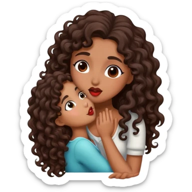 Brown woman with dark brown long curly hair giving a kiss sticker
