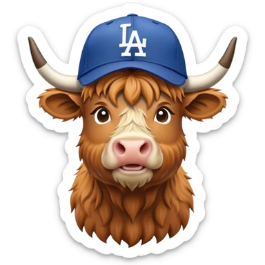 Highland cow wearing a dodgers hat sticker