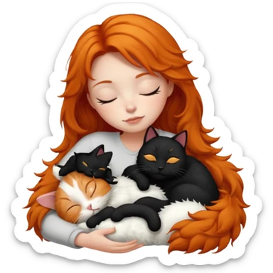 short hair Ginger Girl sleeping with a black and a white bigger cat  sticker