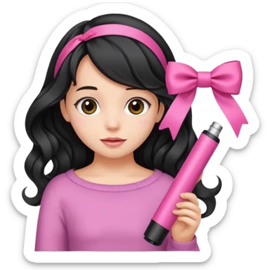 Girl with black wavy not so long hair and a ribbon hair clip make it look like wearing a pink tube sticker