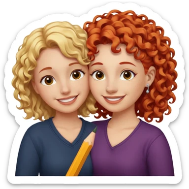 A woman with pencil straight, blonde hair and a nose piercing and a woman with curly red hair and a nose piercing are hugging and smiling together. sticker
